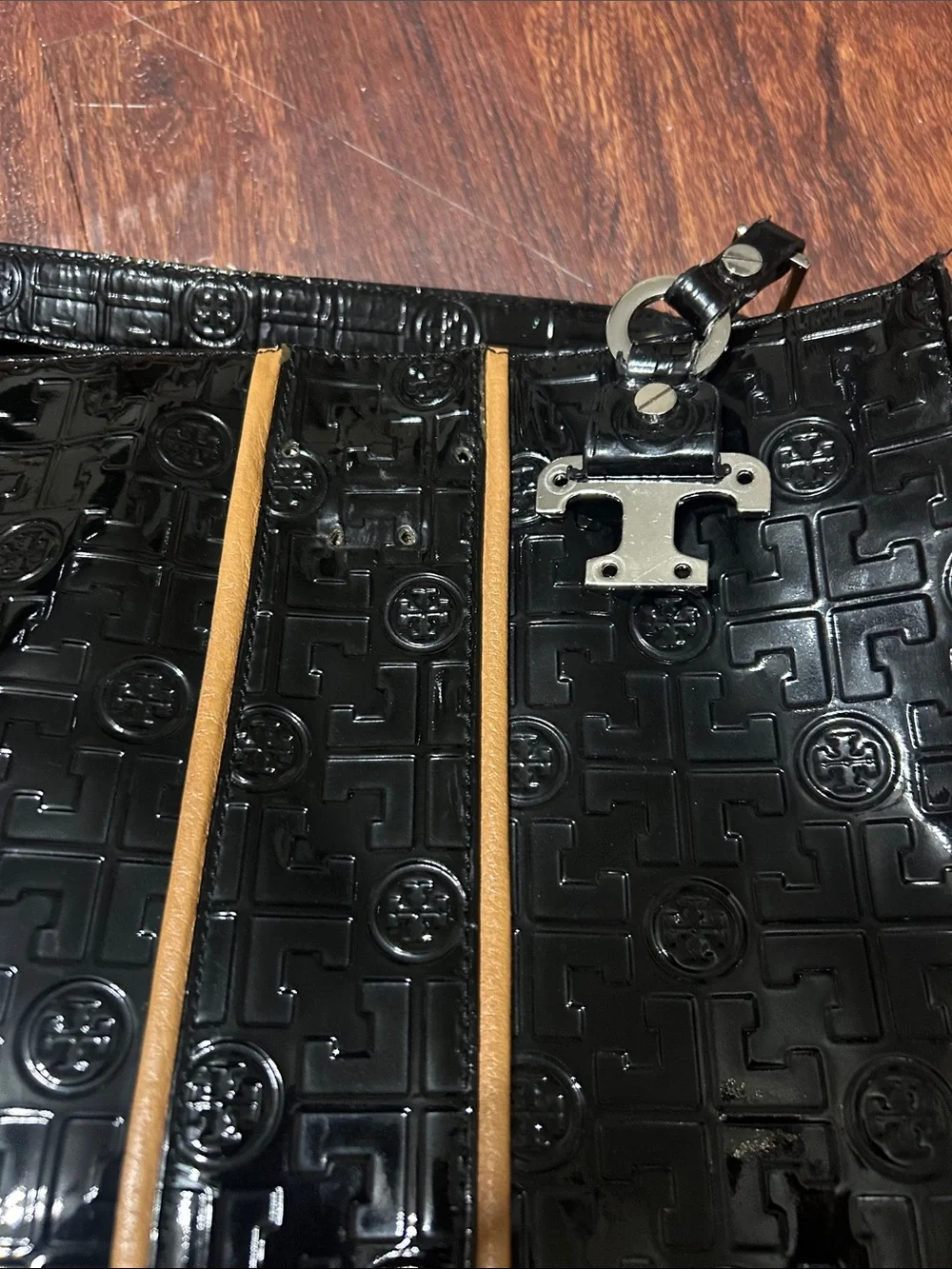 Tory Burch Black Patent Leather Tote with Tan Trim and Logo Embossing